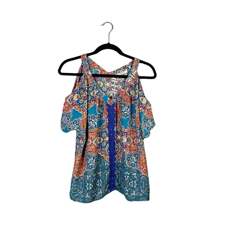 Collective Concepts Colorful Patterned Short Sleeve Cold Shoulder Sheer Blouse